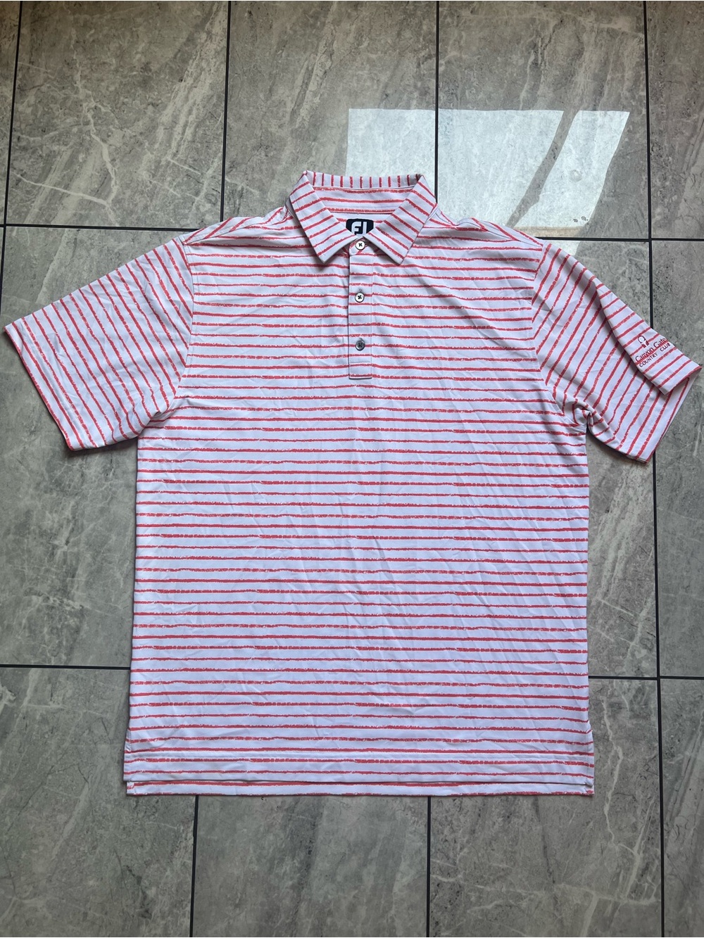 FootJoy ProDry Golf Polo S/S Coral Orange White Stripe Mens Canyon Gate CC Sz L
